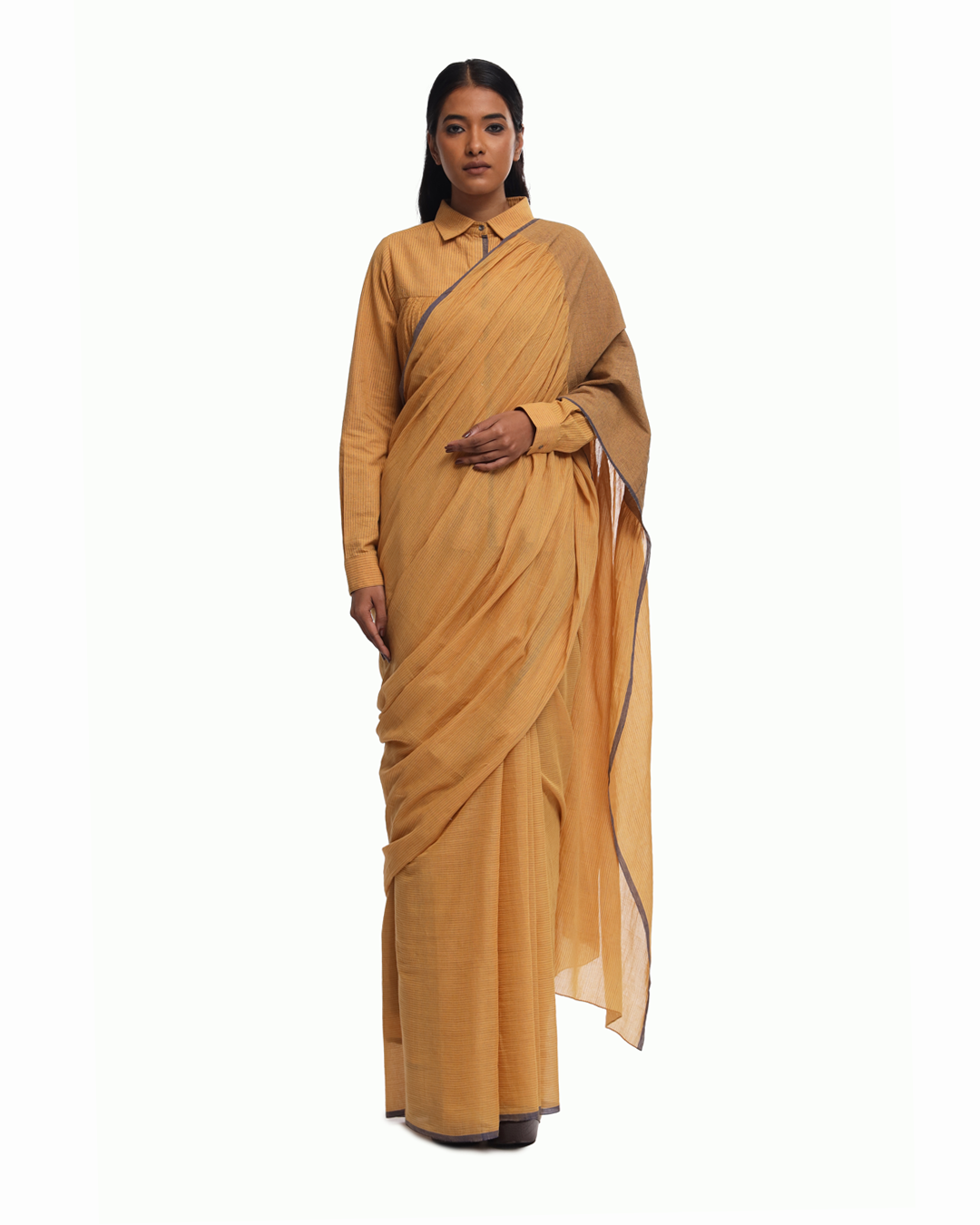 Handwoven Ochre Cotton Kinji Palla Striped Saree