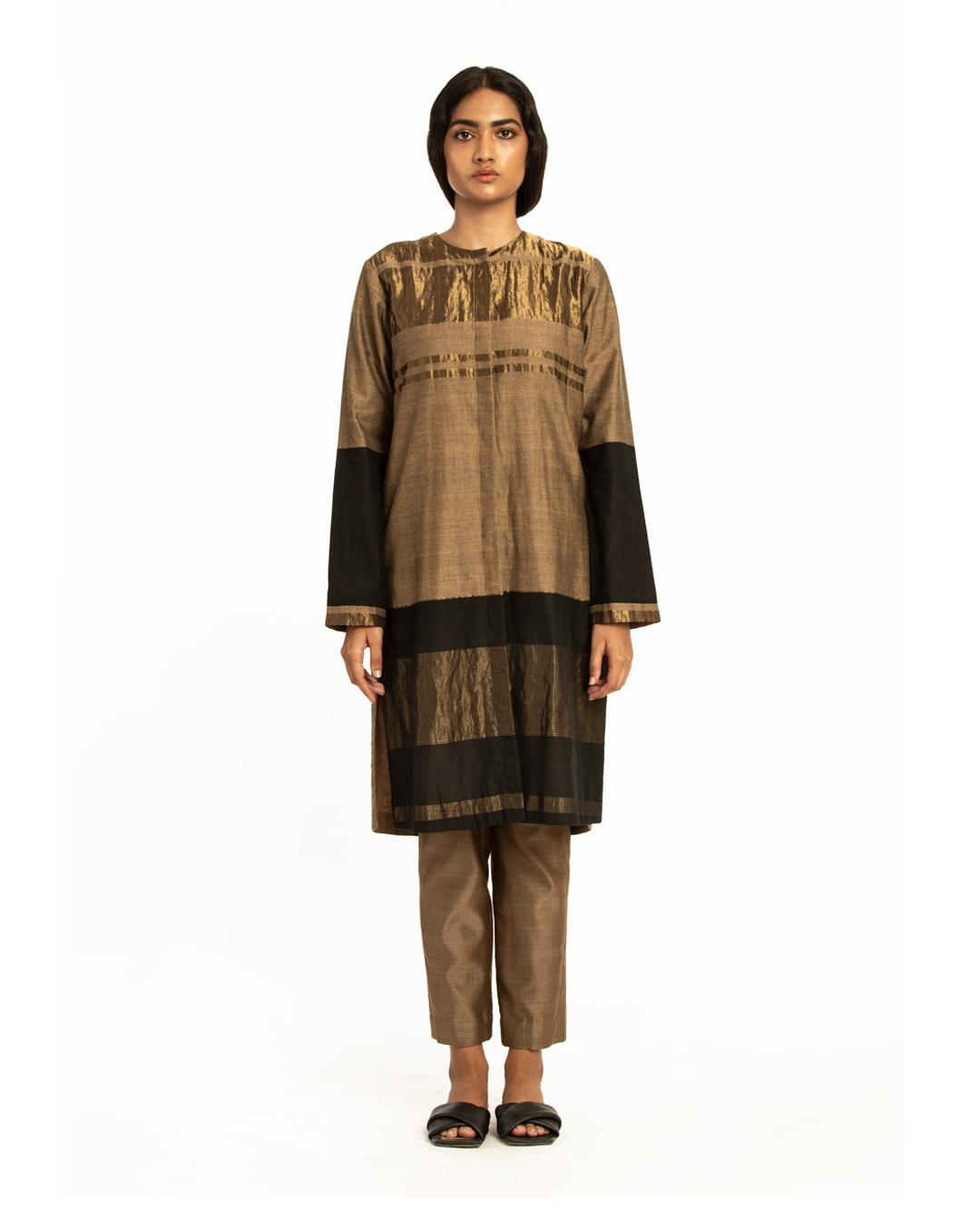 Handwoven Beige Black Engineered Front Placket Tunic