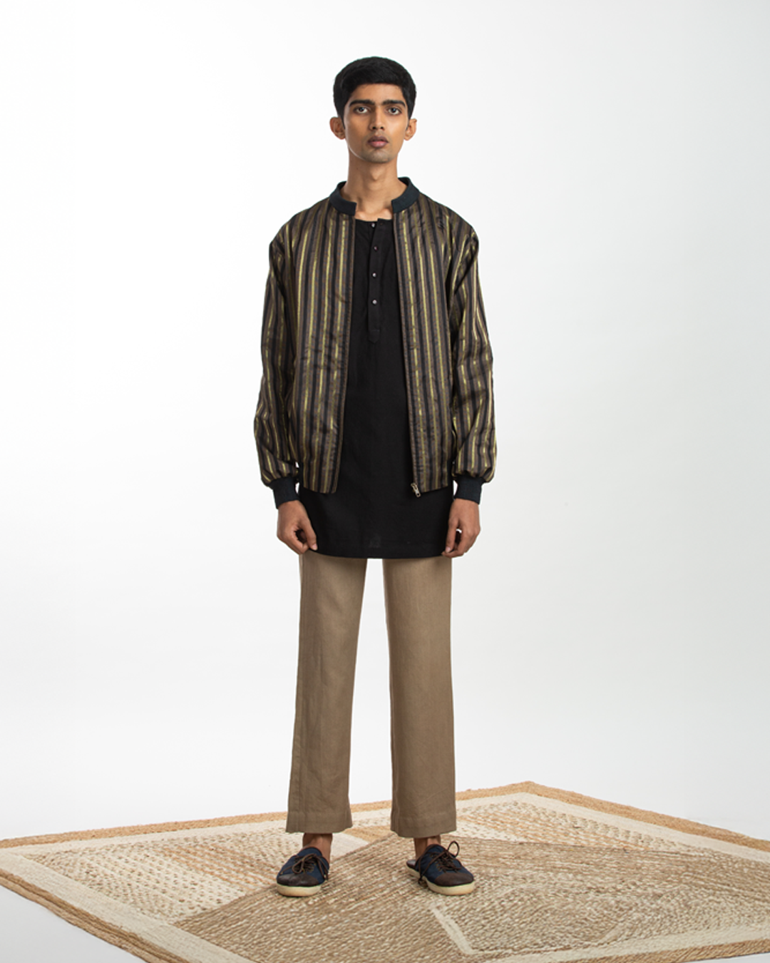 Handwoven Black Brown Striped Bomber Jacket