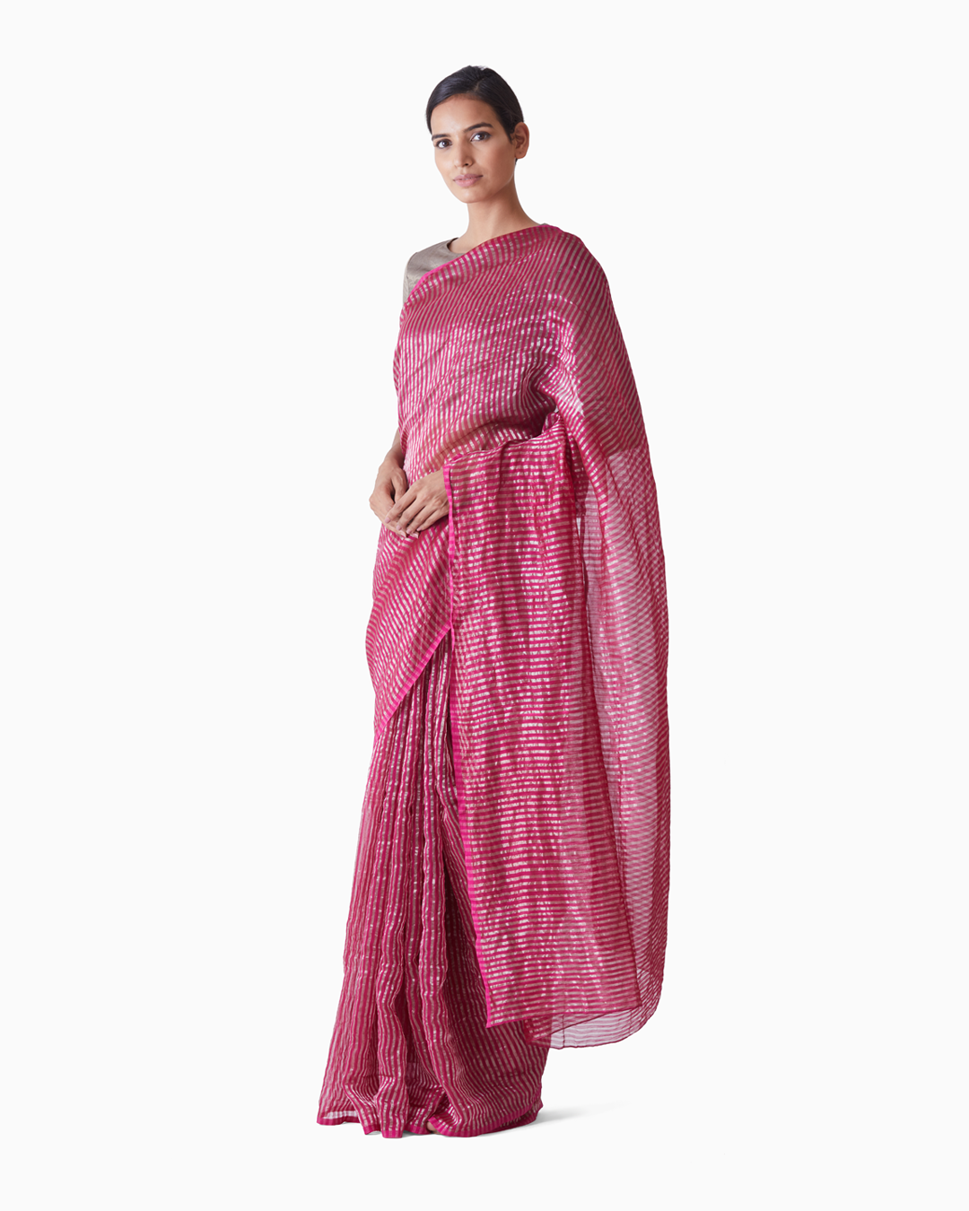 Handwoven Pink Silver Striped Saree