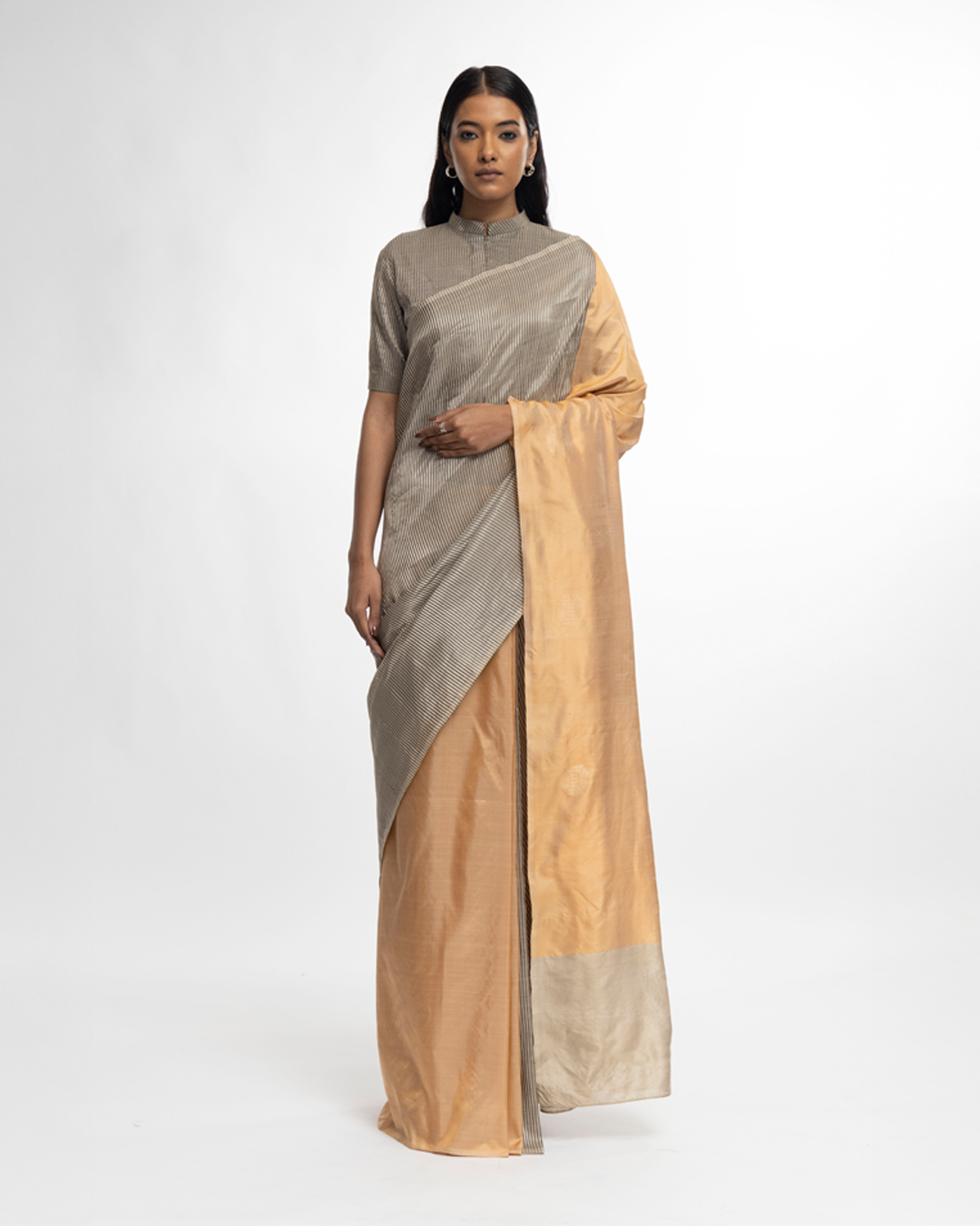 Handwoven gold black engineered stripe saree