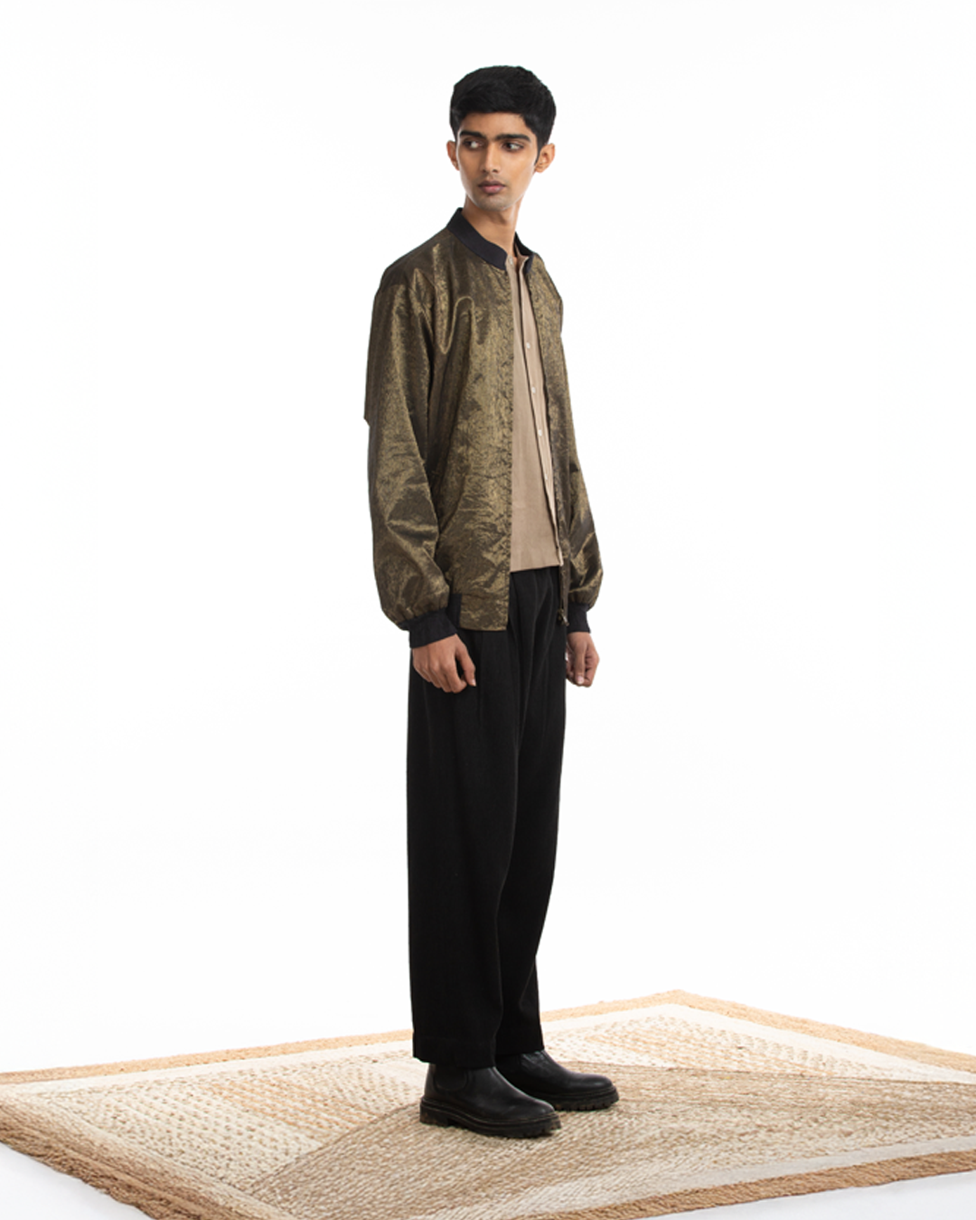 Handwoven Molten Gold Metallic Bomber Jacket