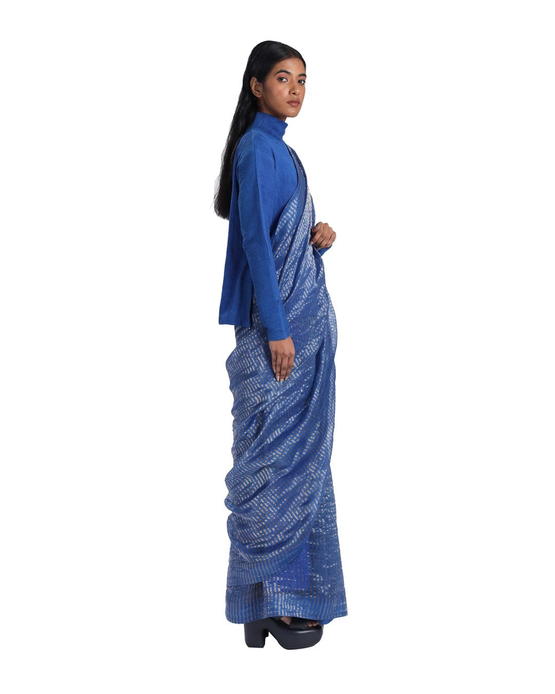 Handwoven Blue Gold Striped Silk Zari Saree
