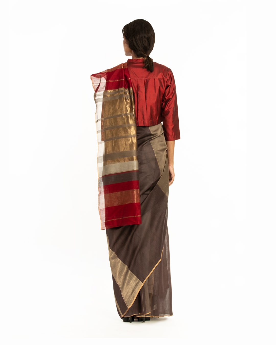 Handwoven Brown Red Gold Engineered Saree