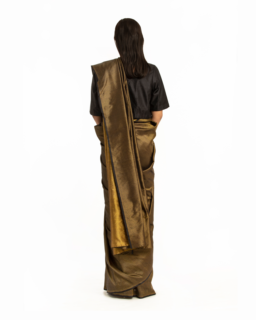 Handwoven Gold Black Chevron Silk Saree