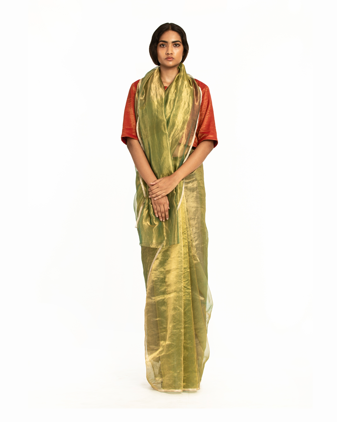 Handwoven Liquid Molten Green Gold Metallic Saree