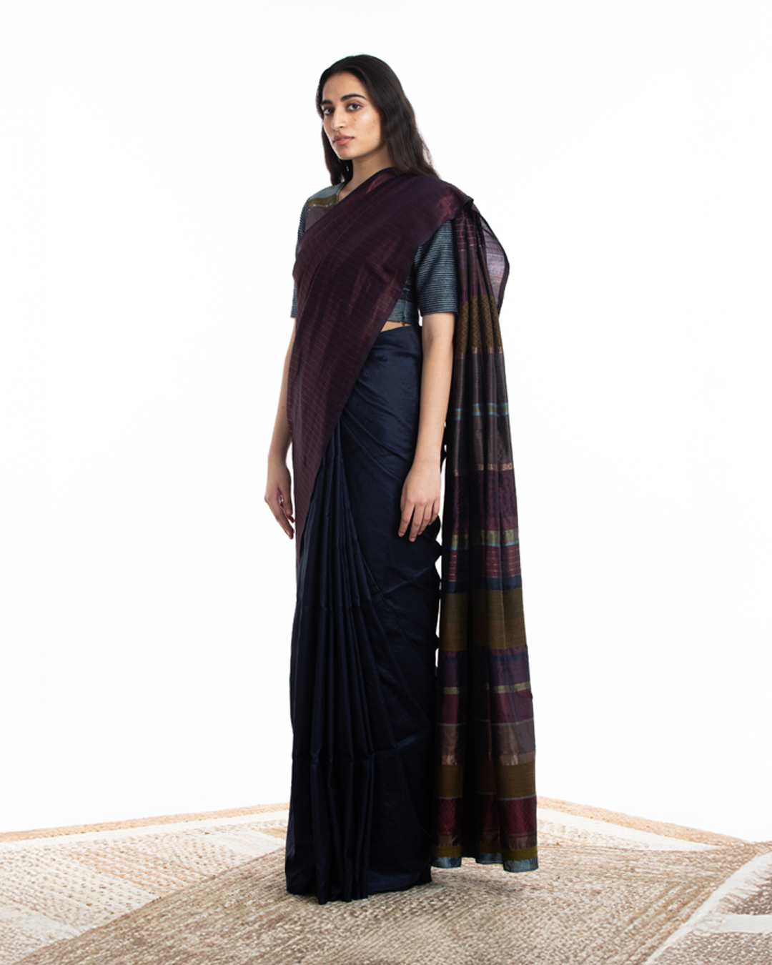 Handwoven Blue Maroon Engineered Silk Saree
