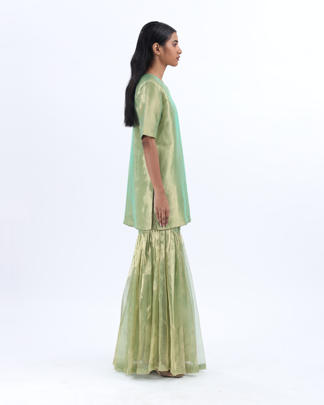 Handwoven Silk Zari Sharara Set With Silk Metallic Stripe Dupatta