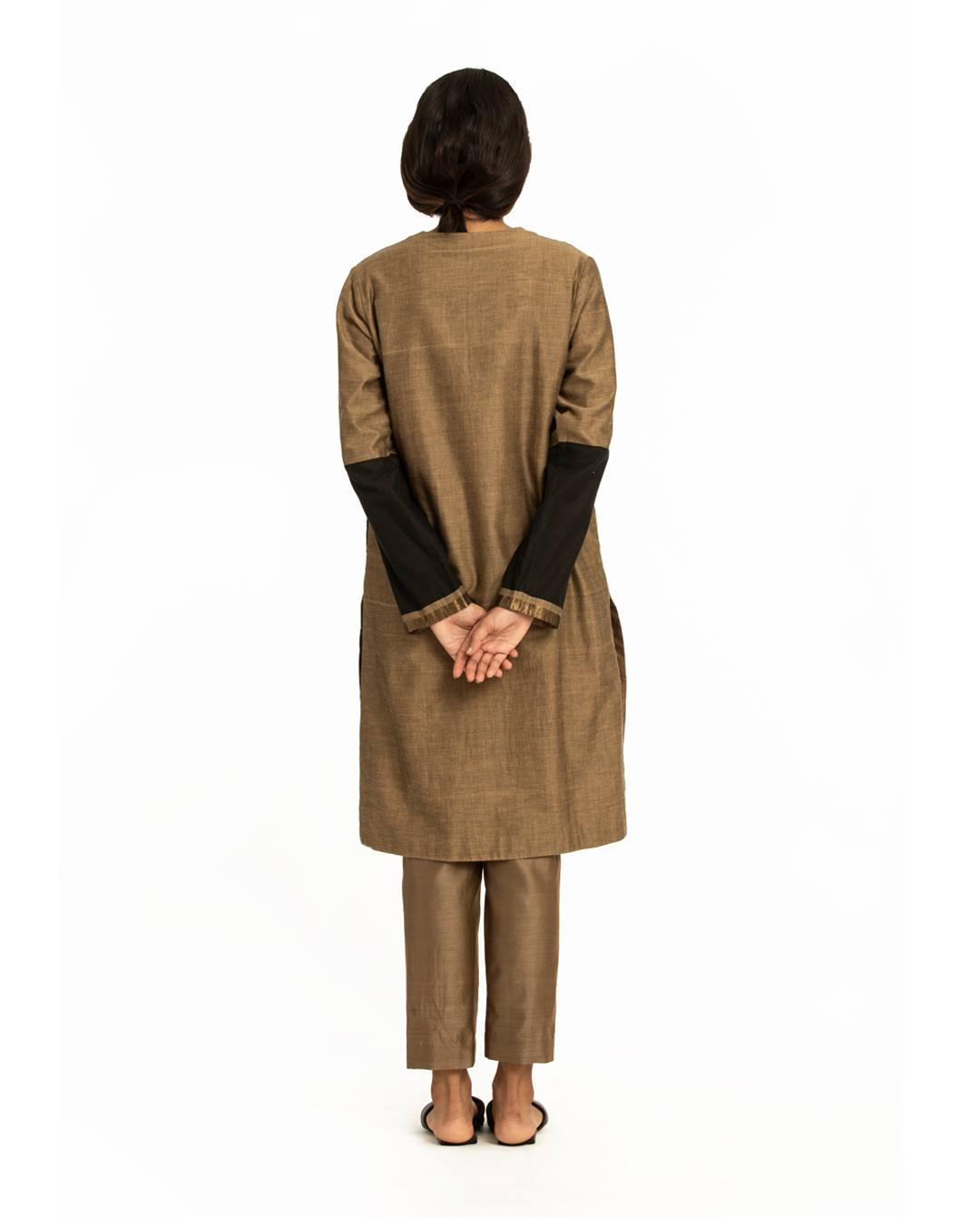Handwoven Beige Black Engineered Front Placket Tunic