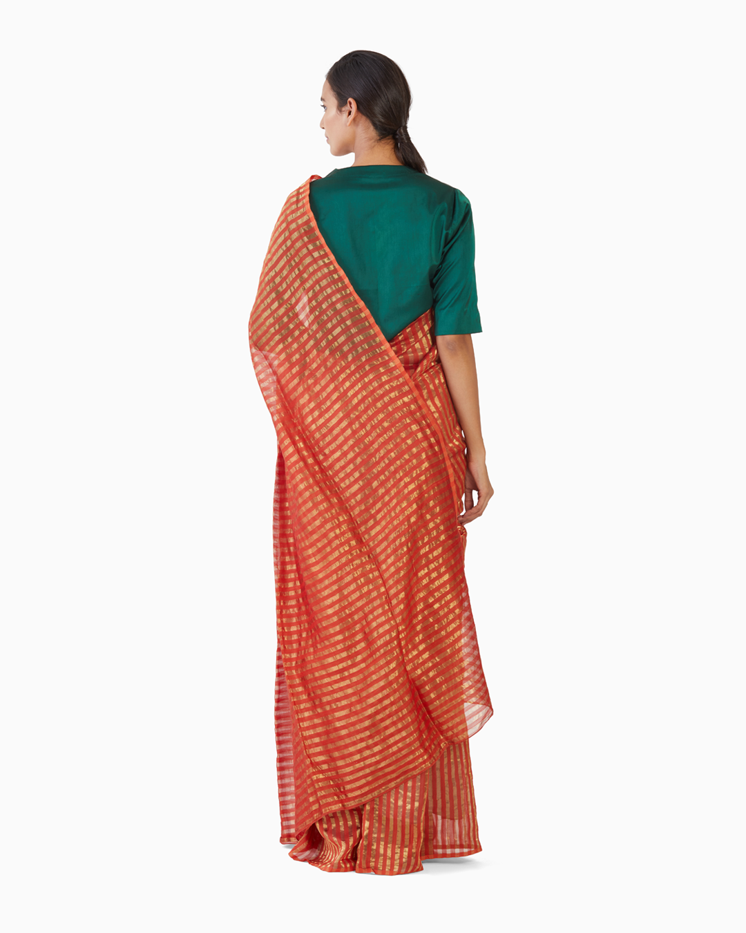 Handwoven Orange Gold Striped Silk Zari Saree
