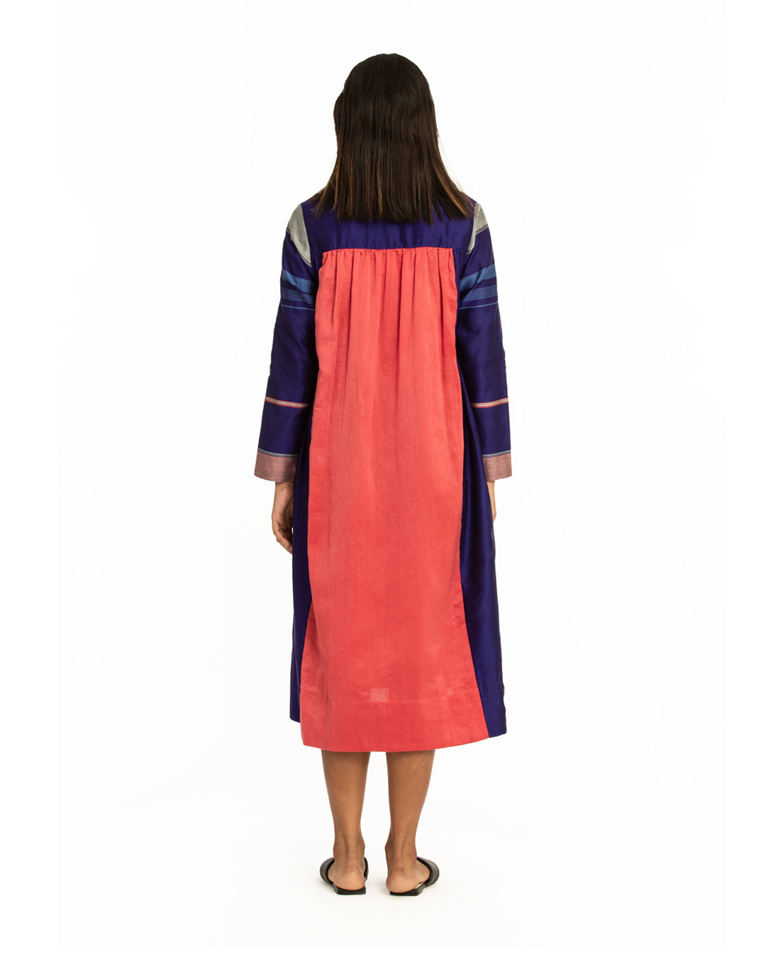 Handwoven Blue Pink Front Back Gathered Dress