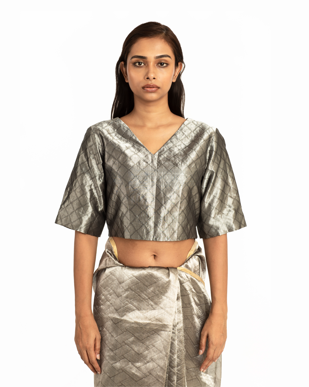 Handwoven Liquid Molten Silver Rectangle Textured Saree