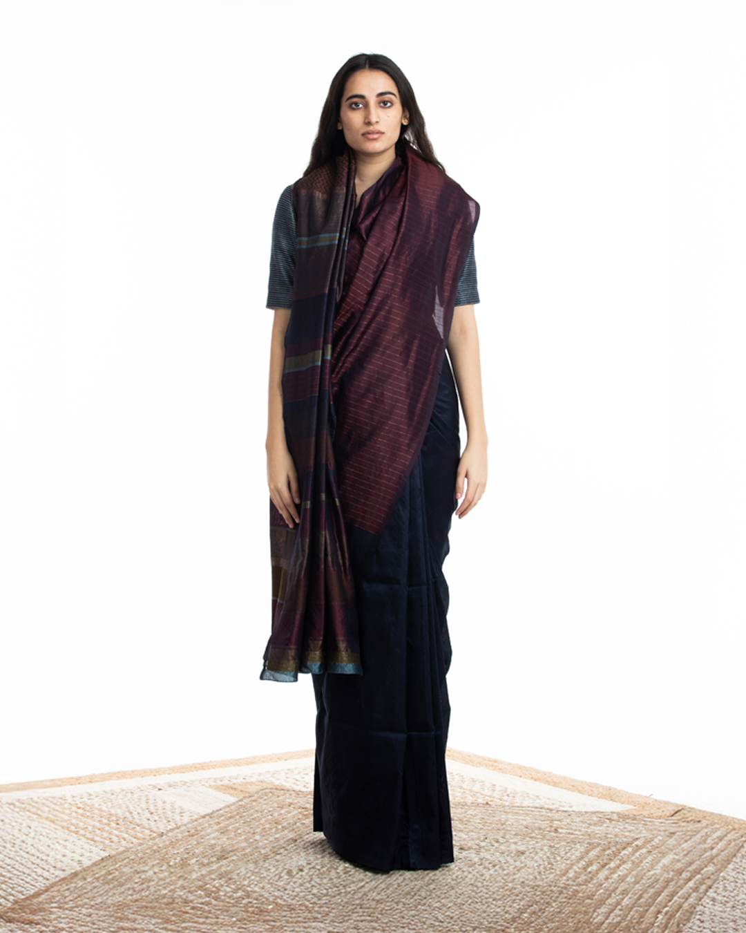 Handwoven Blue Maroon Engineered Silk Saree