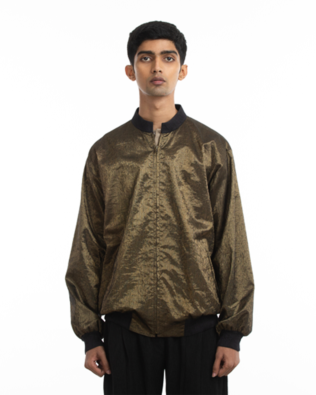 Handwoven Molten Gold Metallic Bomber Jacket