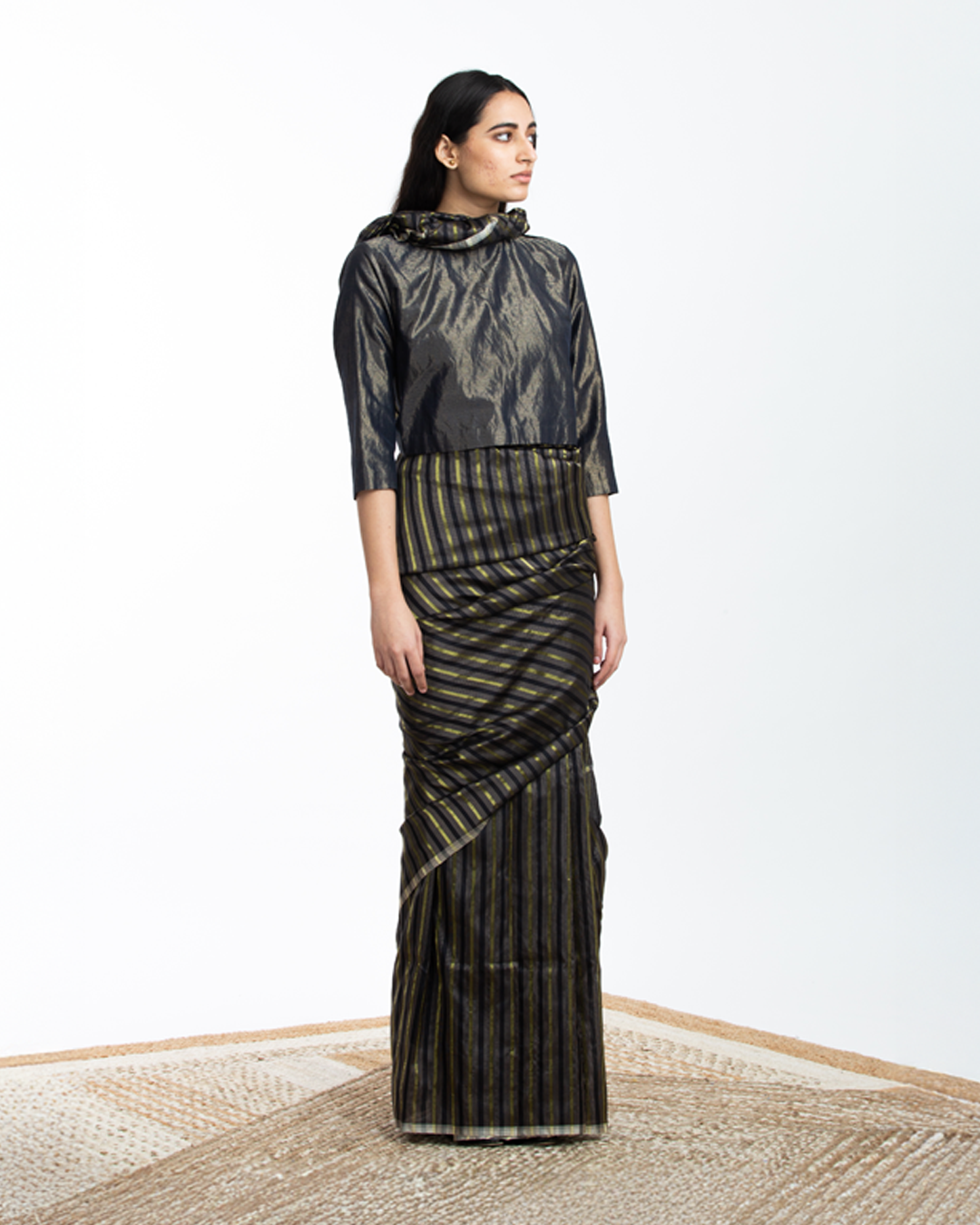 Handwoven Black Brown Gold Striped Silk Sareee