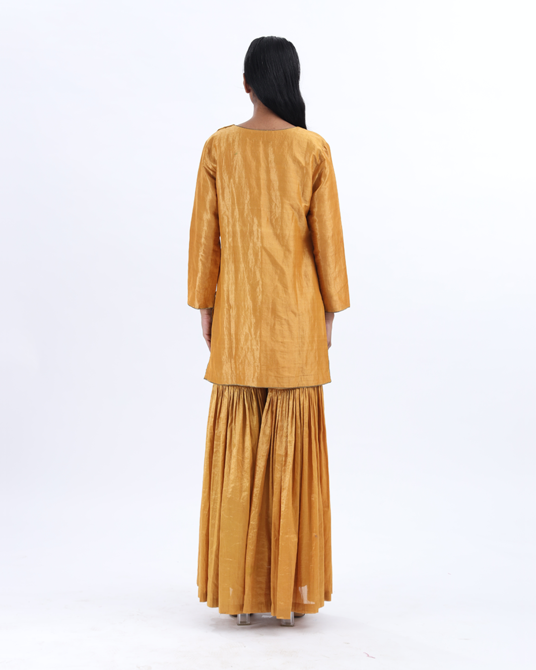 Handwoven Mustard Silk Zari Sharara Set With Silk Metallic Stripe Dupatta