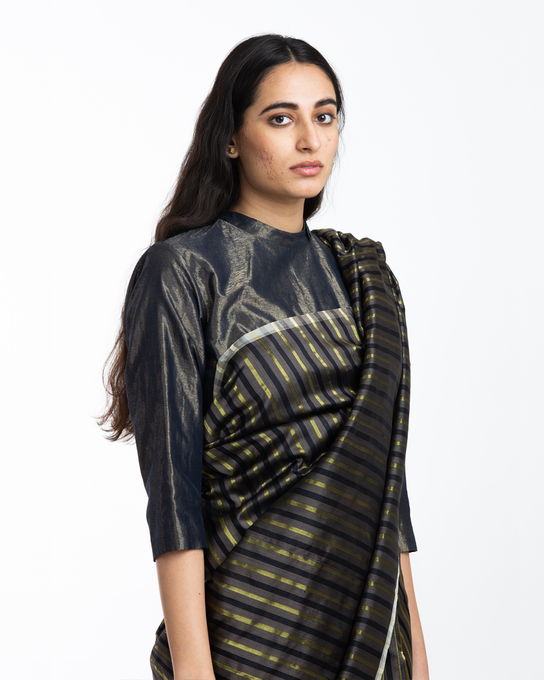 Handwoven Black Brown Gold Striped Silk Sareee