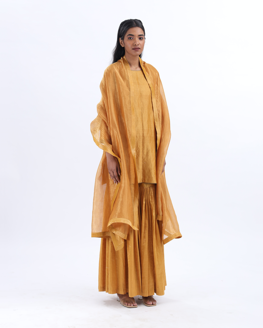 Handwoven Mustard Silk Zari Sharara Set With Silk Metallic Stripe Dupatta