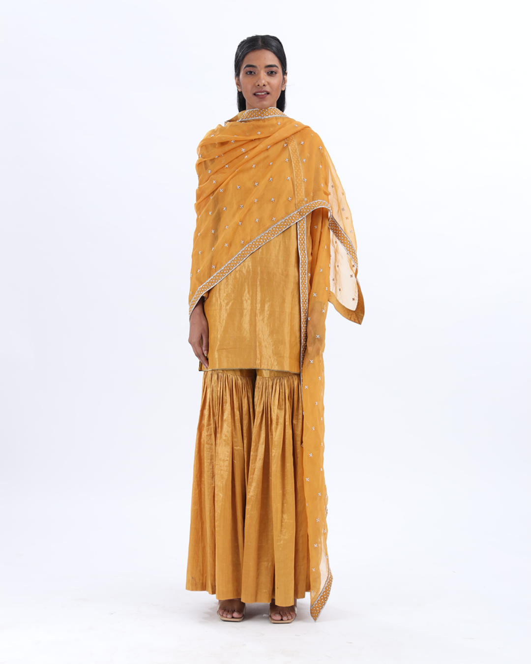 Handwoven Mustard Silk Zari Sharara Set With Silk Metallic Stripe Dupatta