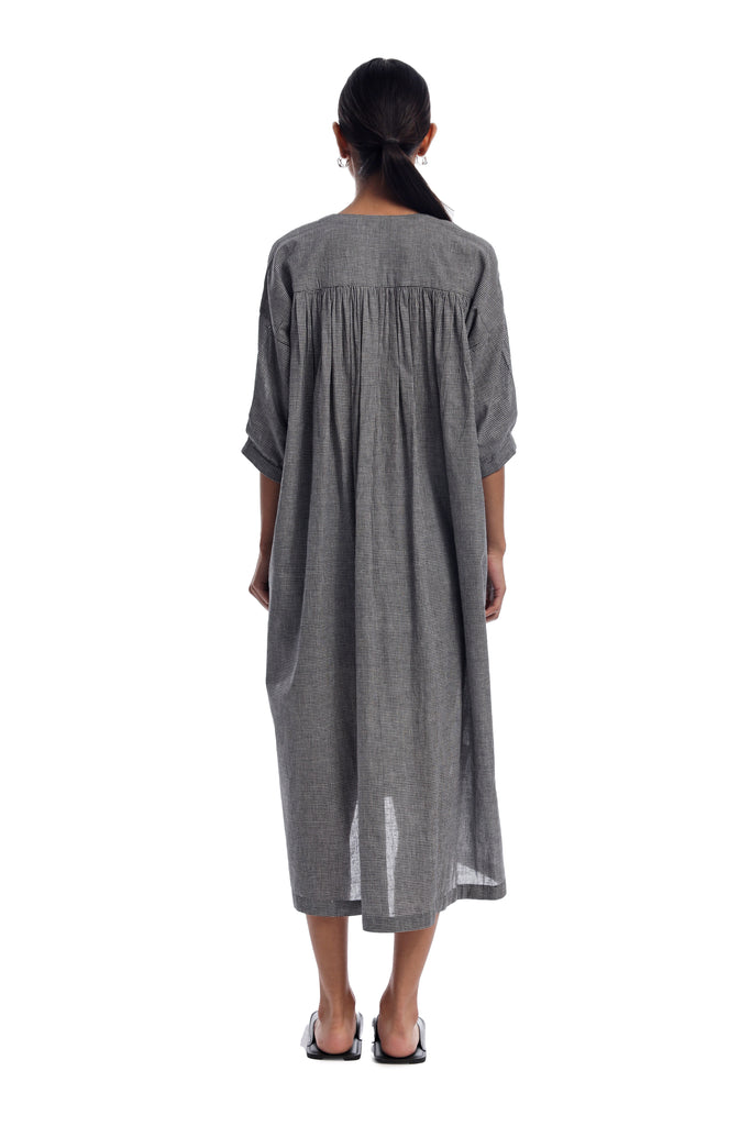 Handspun And Handwoven Black & White Checkred Front & Back Gathered Dress