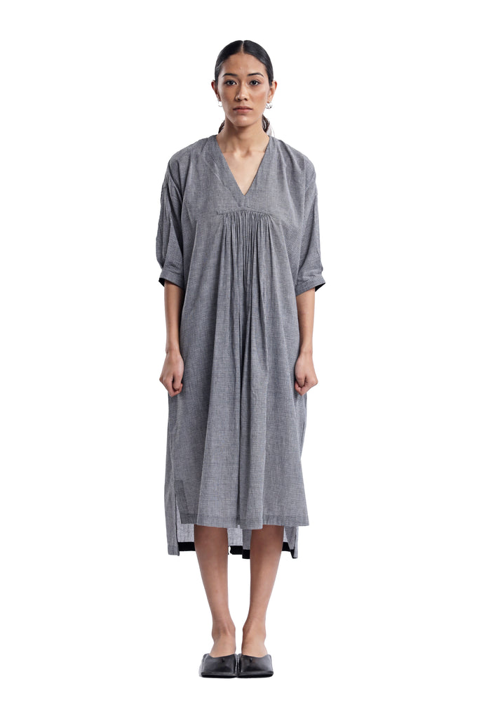 Handspun And Handwoven Black & White Checkred Front & Back Gathered Dress