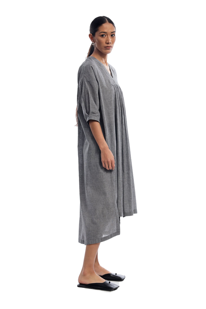 Handspun And Handwoven Black & White Checkred Front & Back Gathered Dress