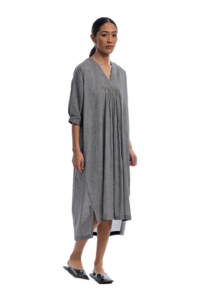 Handspun And Handwoven Black & White Checkred Front & Back Gathered Dress