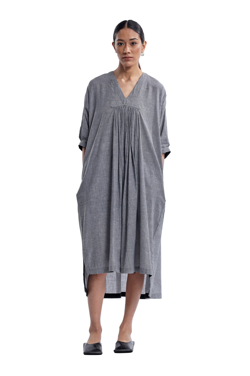 Handspun And Handwoven Black & White Checkred Front & Back Gathered Dress