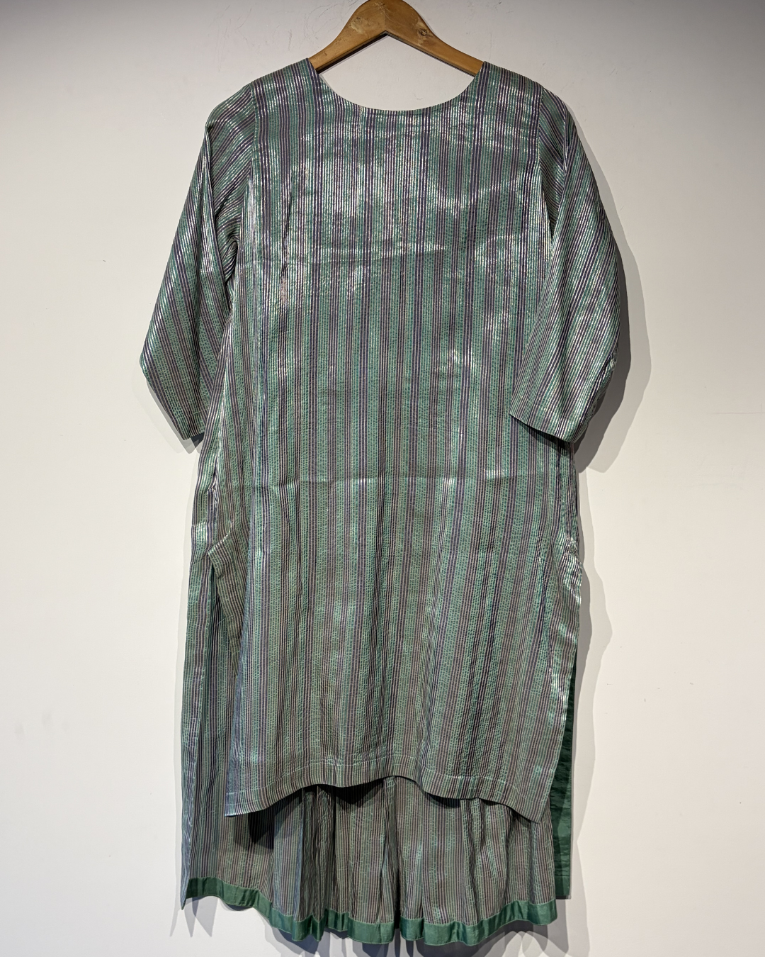 Handwoven silk striped back pleat dress