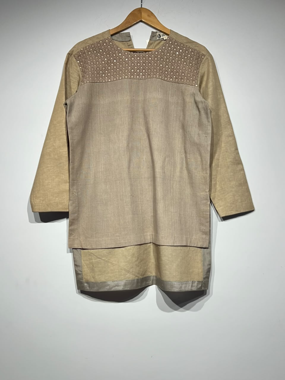 Handwoven Tan Long Sleeve Linen High Low Shirt