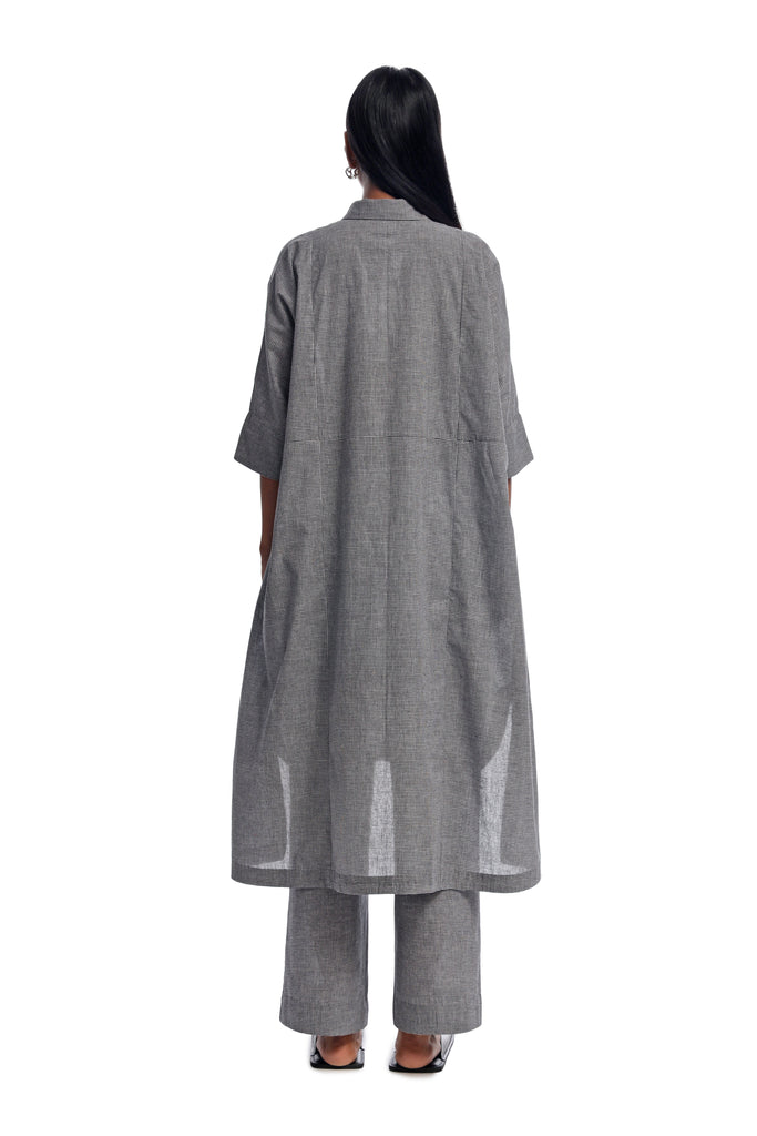 Handwoven black and white checkered front open long shirt