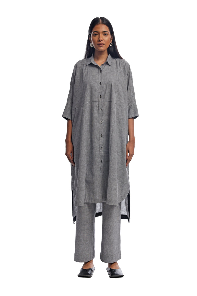 Handwoven black and white checkered front open long shirt