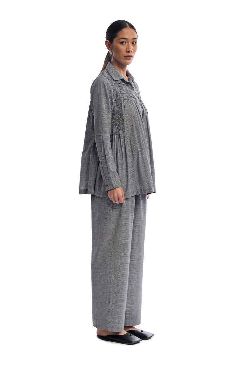 Handwoven Black and White Checkered Smocking Top