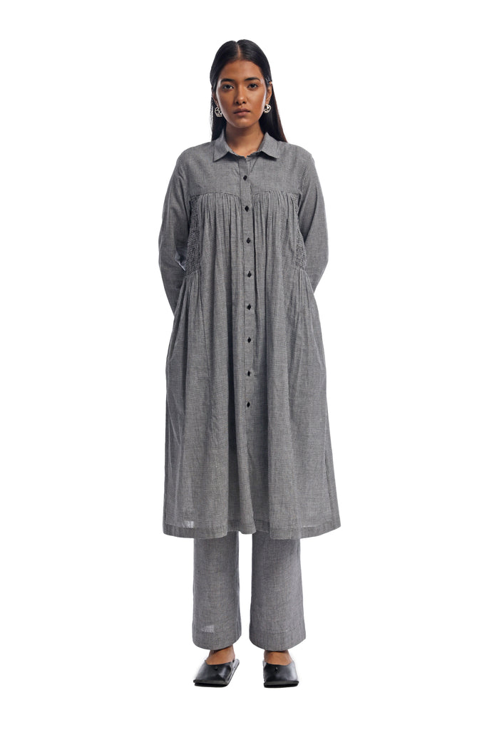 Handspun & Handwoven Black & White Checkred Smocked Panelled Dress