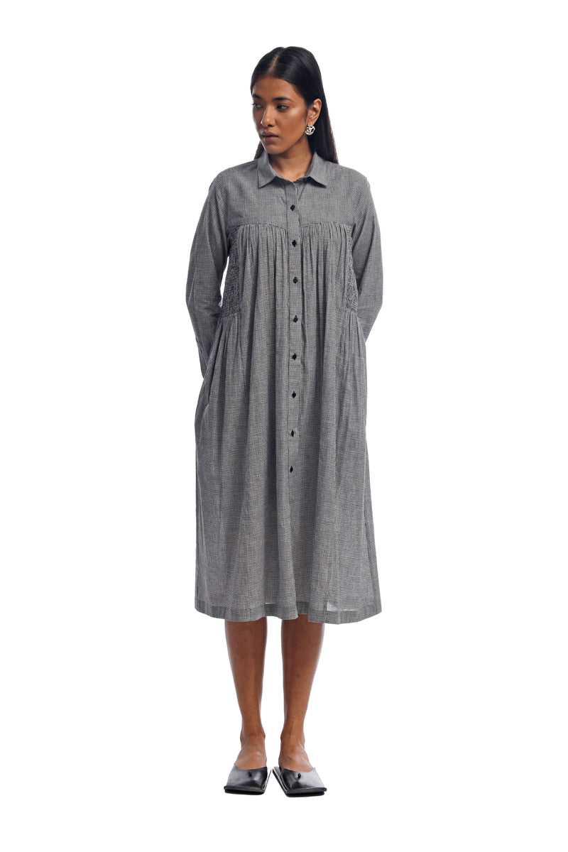 Handspun & Handwoven Black & White Checkred Smocked Panelled Dress