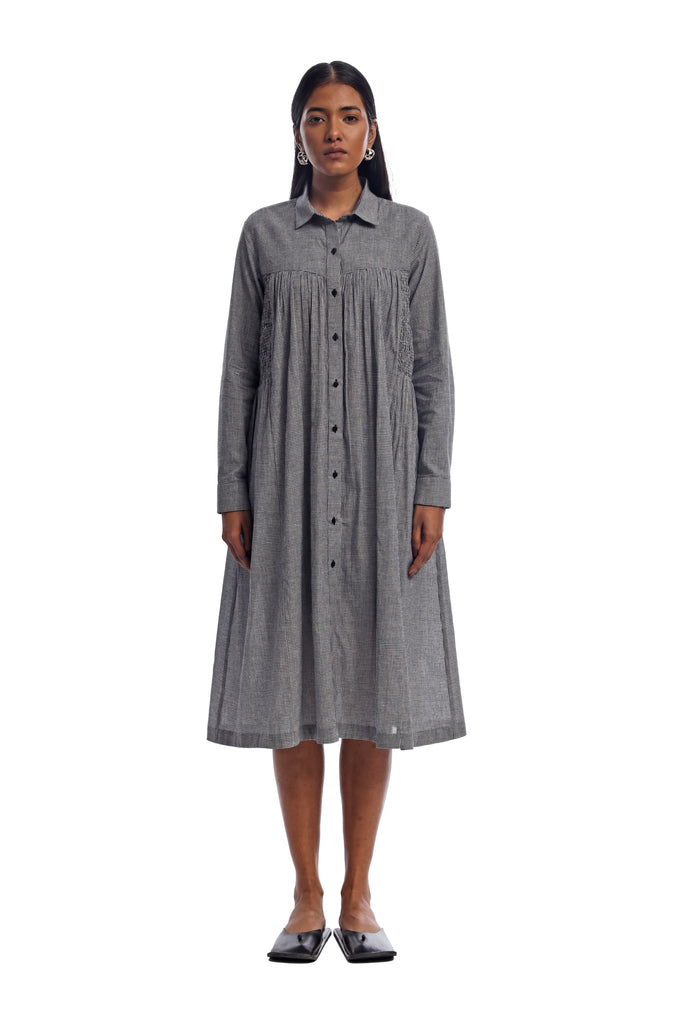 Handspun & Handwoven Black & White Checkred Smocked Panelled Dress