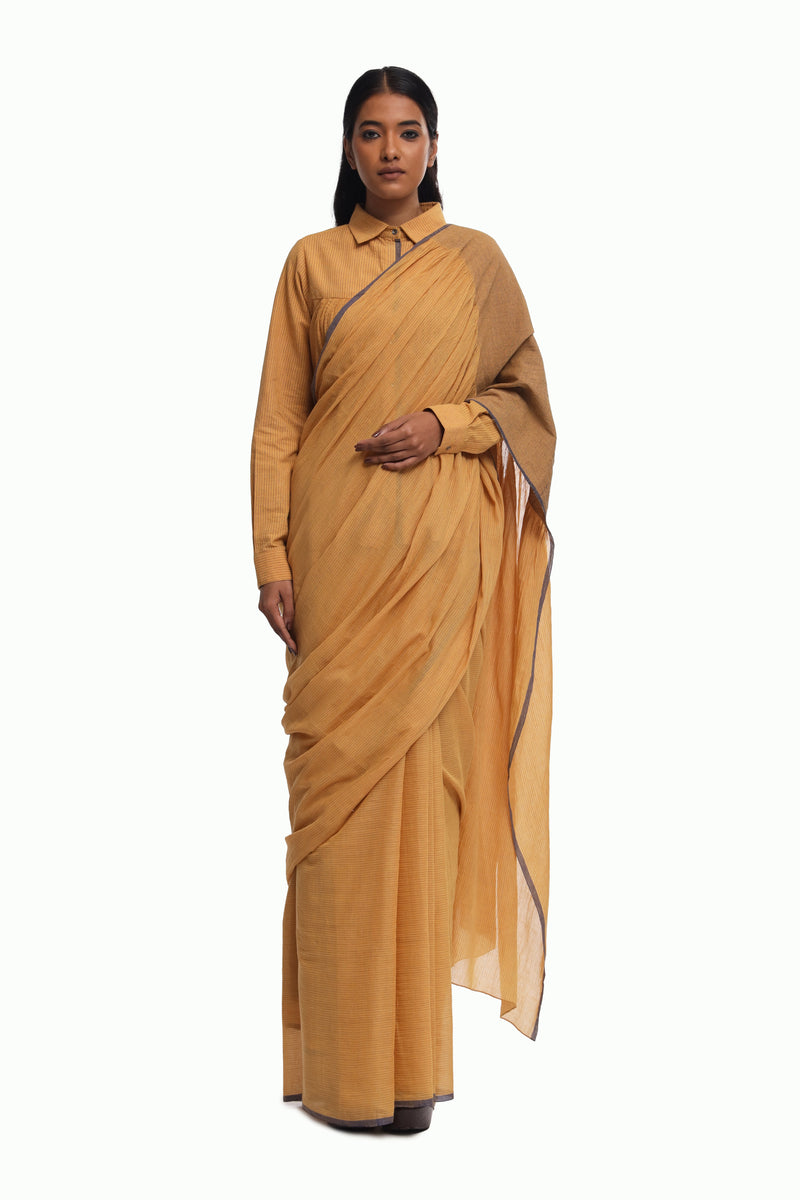 Handwoven Ochre Cotton Kinji Palla Striped Saree