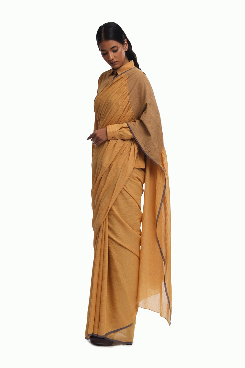 Handwoven Ochre Cotton Kinji Palla Striped Saree