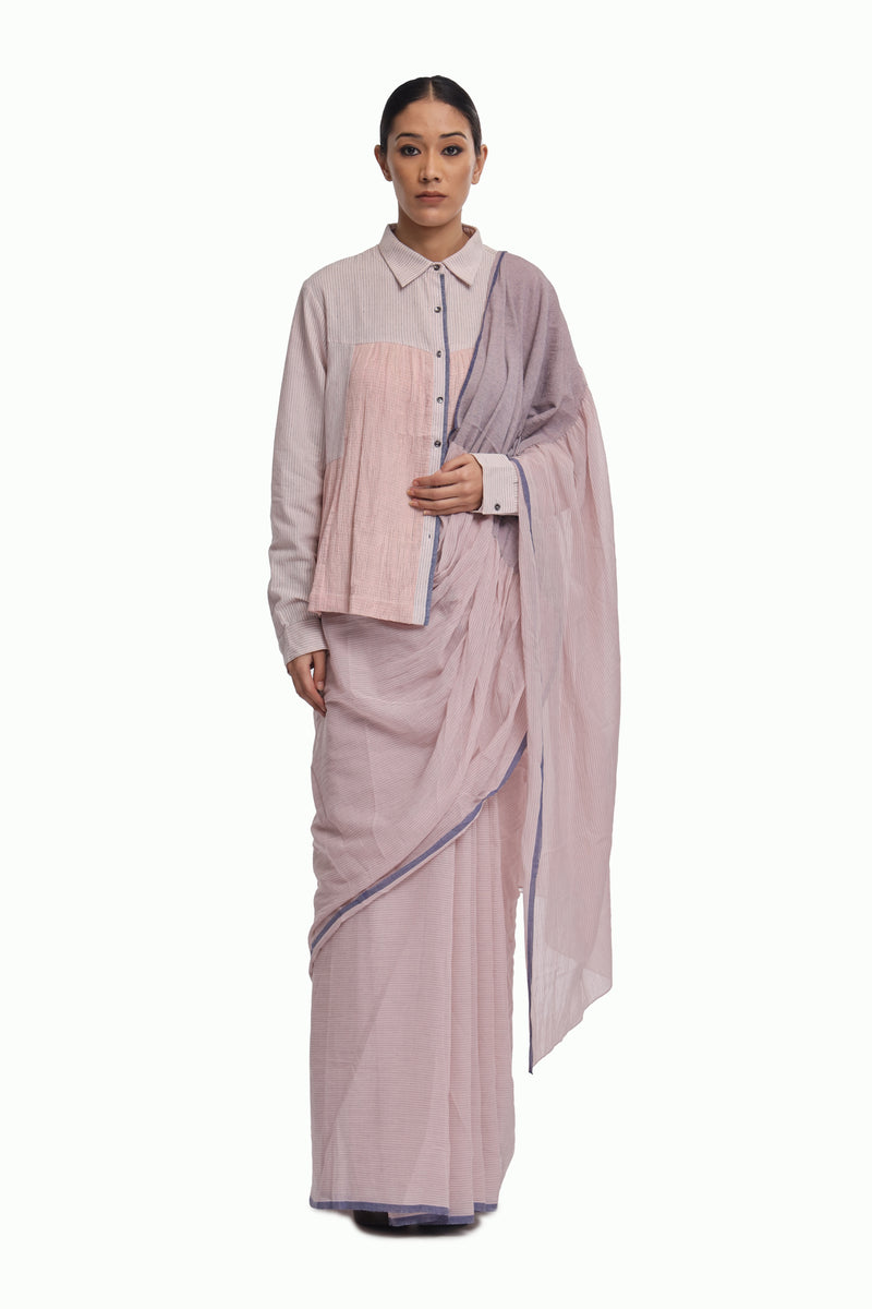 Handwoven Pink Cotton Kinji Palla Striped Saree