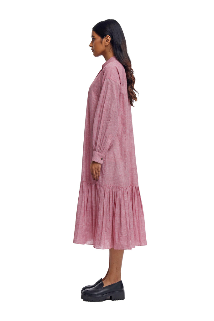 Handspun and Handwoven Pink checkred long frill dress