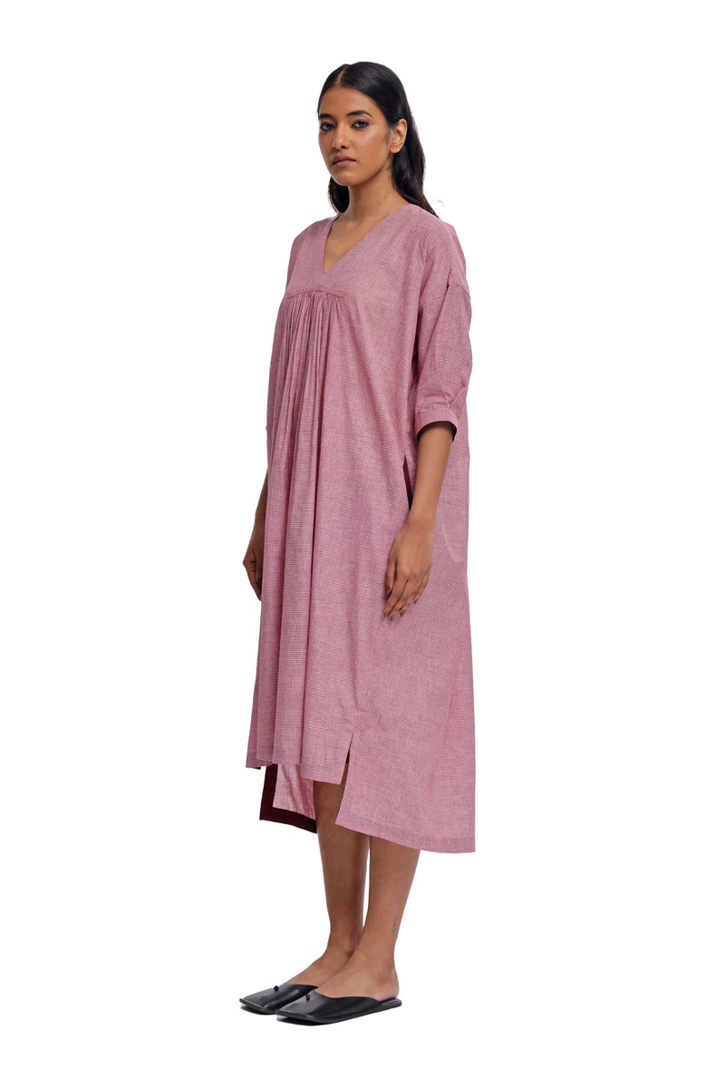 Handspun and Handwoven Pink  checkred front & back  gathered dress