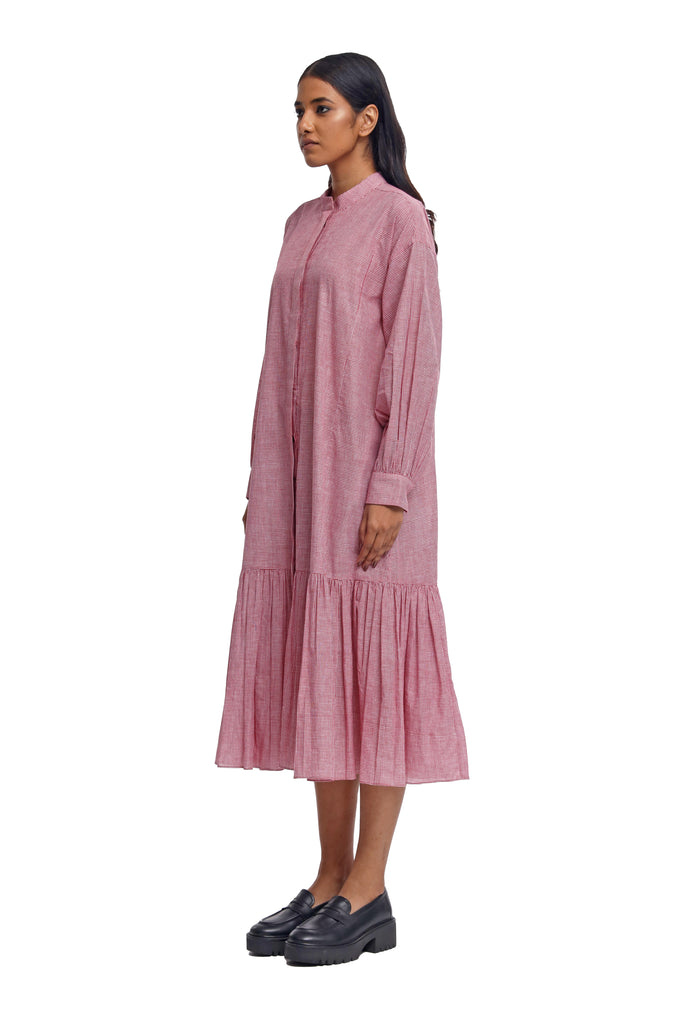 Handspun and Handwoven Pink checkred long frill dress
