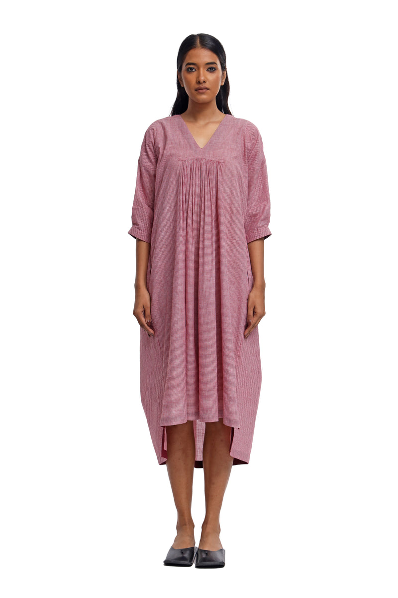 Handspun and Handwoven Pink  checkred front & back  gathered dress