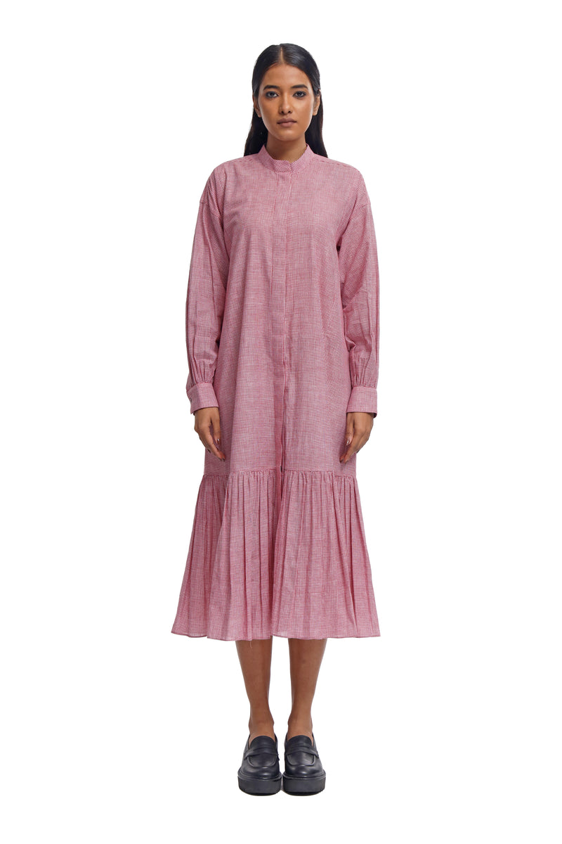 Handspun and Handwoven Pink checkred long frill dress