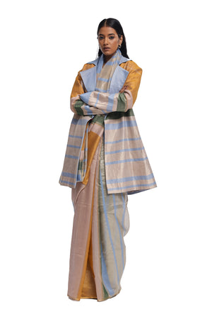 Handwoven liquid molten textured metallic engineered stripe saree