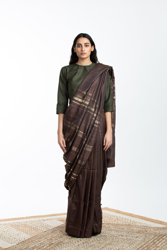 Handwoven Brown Engineered Silk Saree