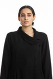 Handwoven Collared Side Gathered Black Merino Wool Coat
