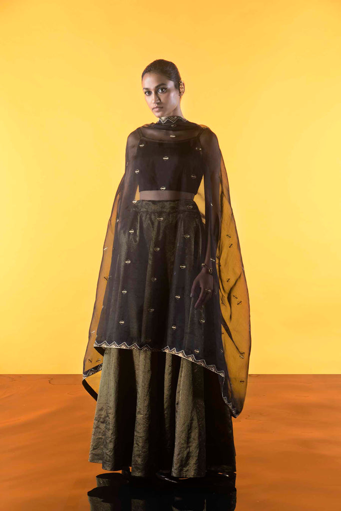 Handwoven Black Chevron Lehenga Set
