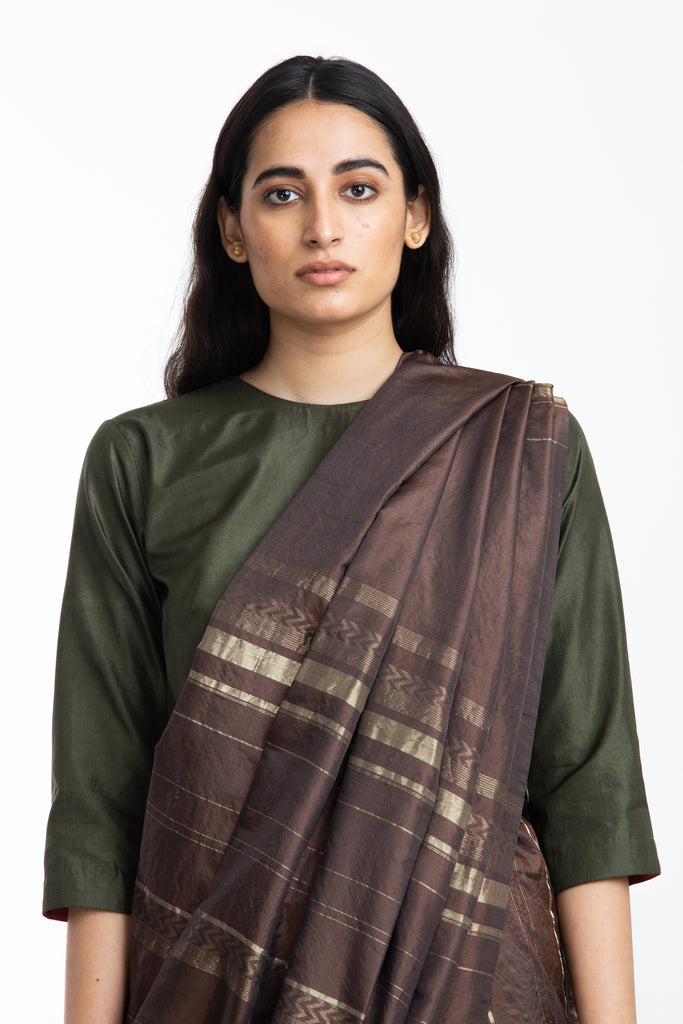 Handwoven Brown Engineered Silk Saree