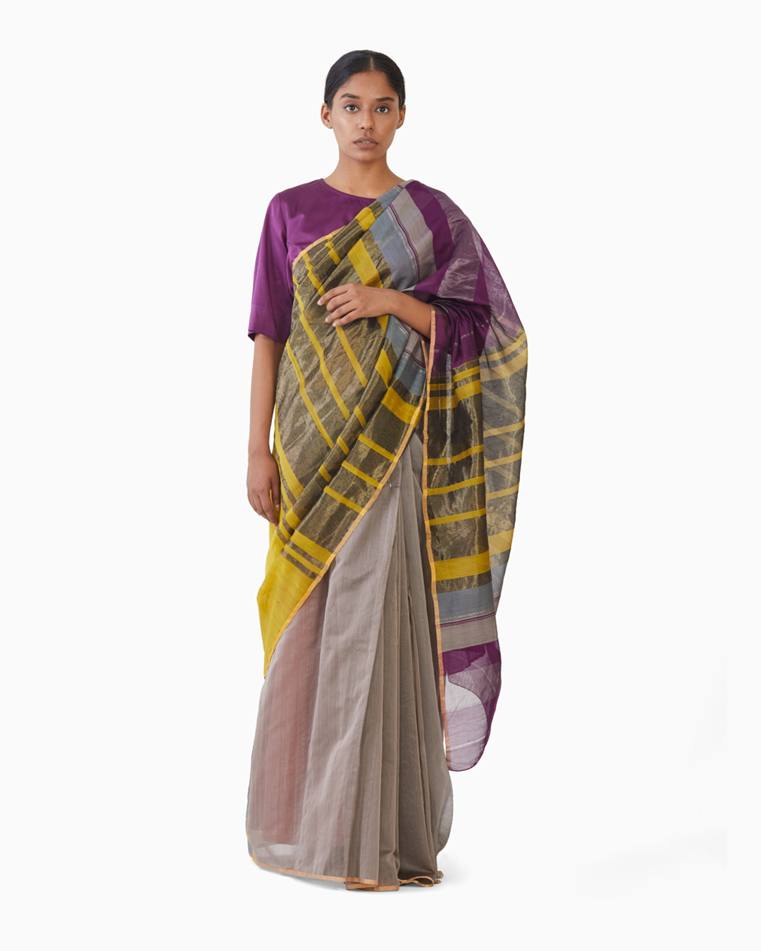 Handwoven Purple Yellow Engineered saree